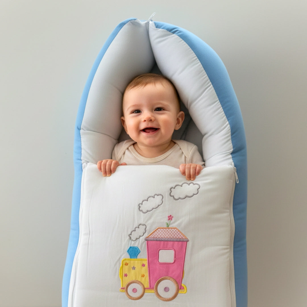 Train-Themed Sleeping Bag - Blue