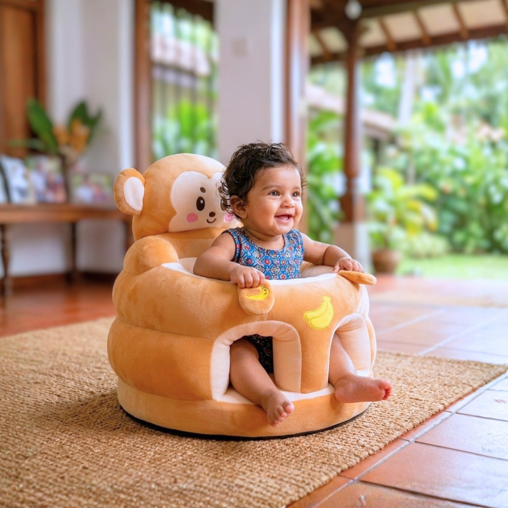 Soft Infant Sit-Up Sofa Chair – Spinal Support & Anti-Fall High-Back Design | Cute Monkey Seat