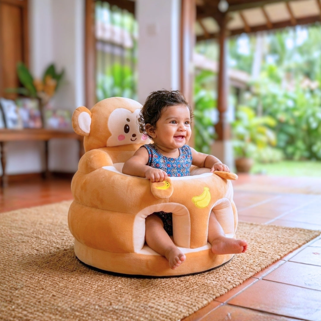 Soft Infant Sit-Up Sofa Chair – Spinal Support & Anti-Fall High-Back Design | Cute Monkey Seat