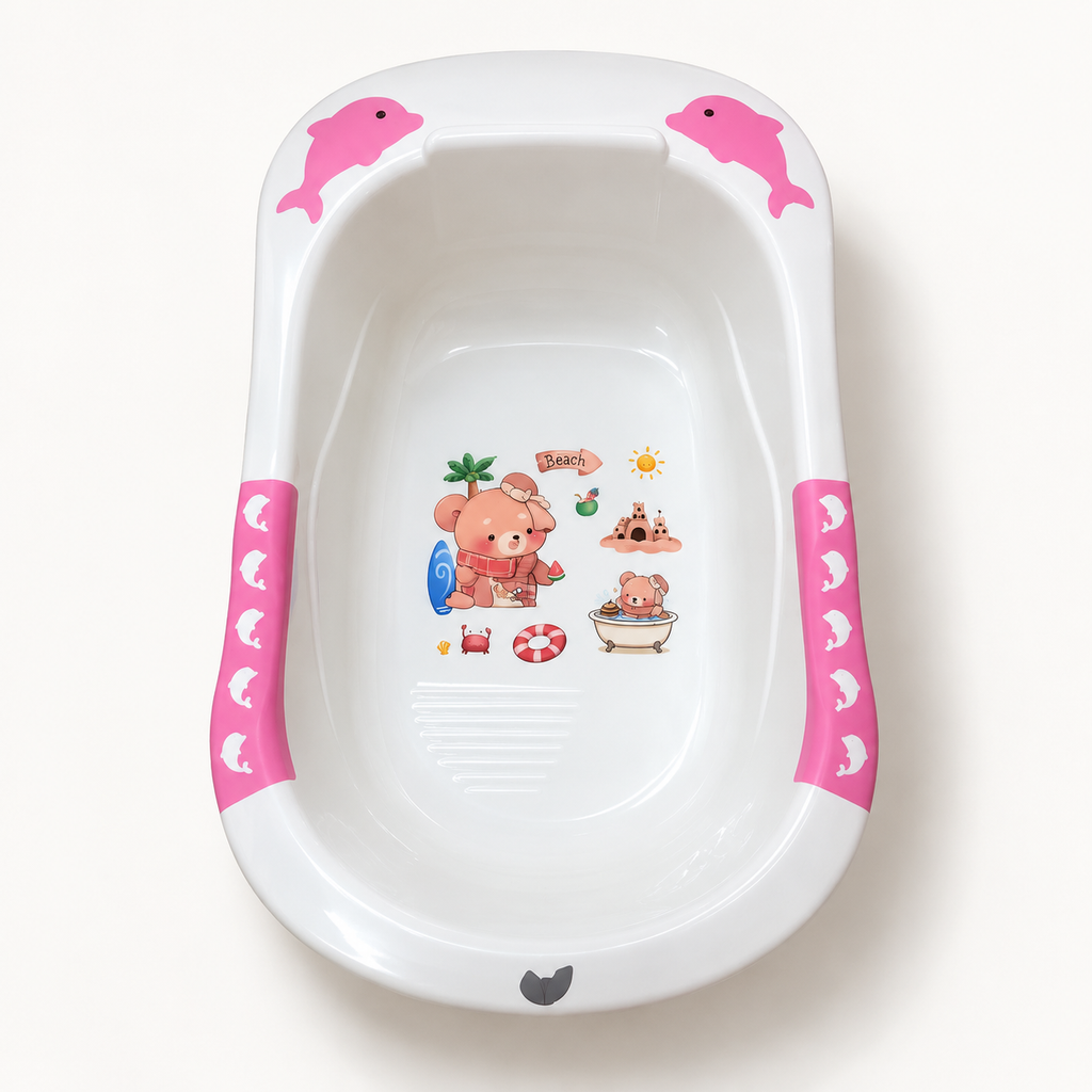 Premium Baby Bathtub – Safe, Non-Toxic & Easy Drain Design | Cute Beach Bear Print