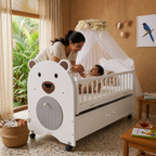 Multifunctional Wooden Baby Cot – Storage Drawer, Mosquito Net & Lockable Wheels | YSJ 560