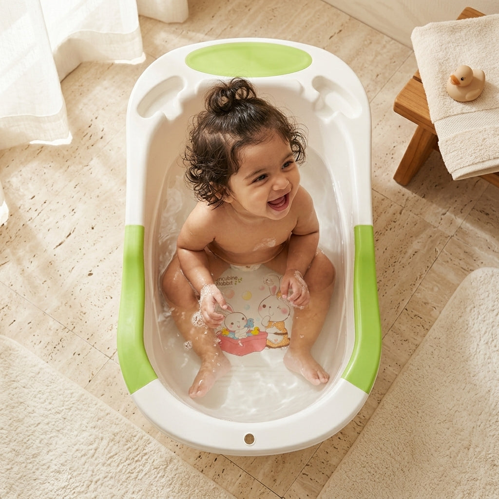 Premium Baby Bath Tub – Safe, Non-Toxic Design with Soap Tray | Cute Bunny Print - Model 1615
