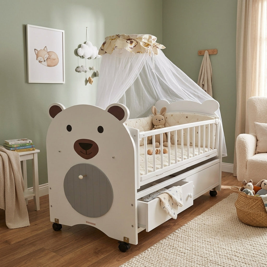 Multifunctional Wooden Baby Cot – Storage Drawer, Mosquito Net & Lockable Wheels | YSJ 560
