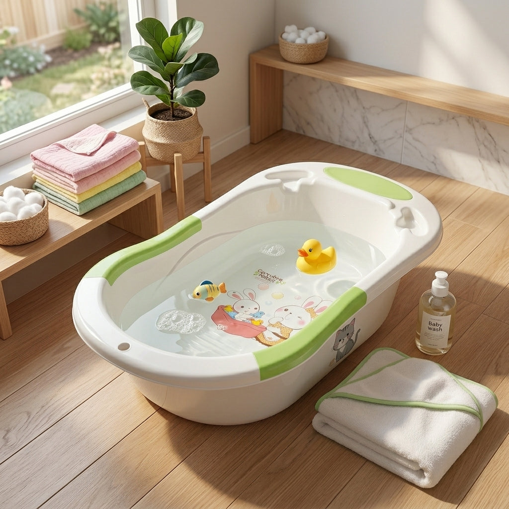 Premium Baby Bath Tub – Safe, Non-Toxic Design with Soap Tray | Cute Bunny Print - Model 1615