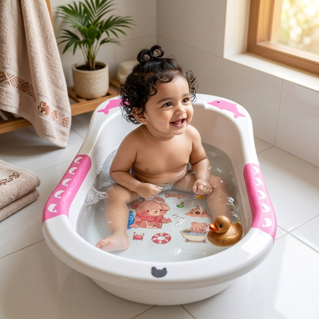 Premium Baby Bathtub – Safe, Non-Toxic & Easy Drain Design | Cute Beach Bear Print