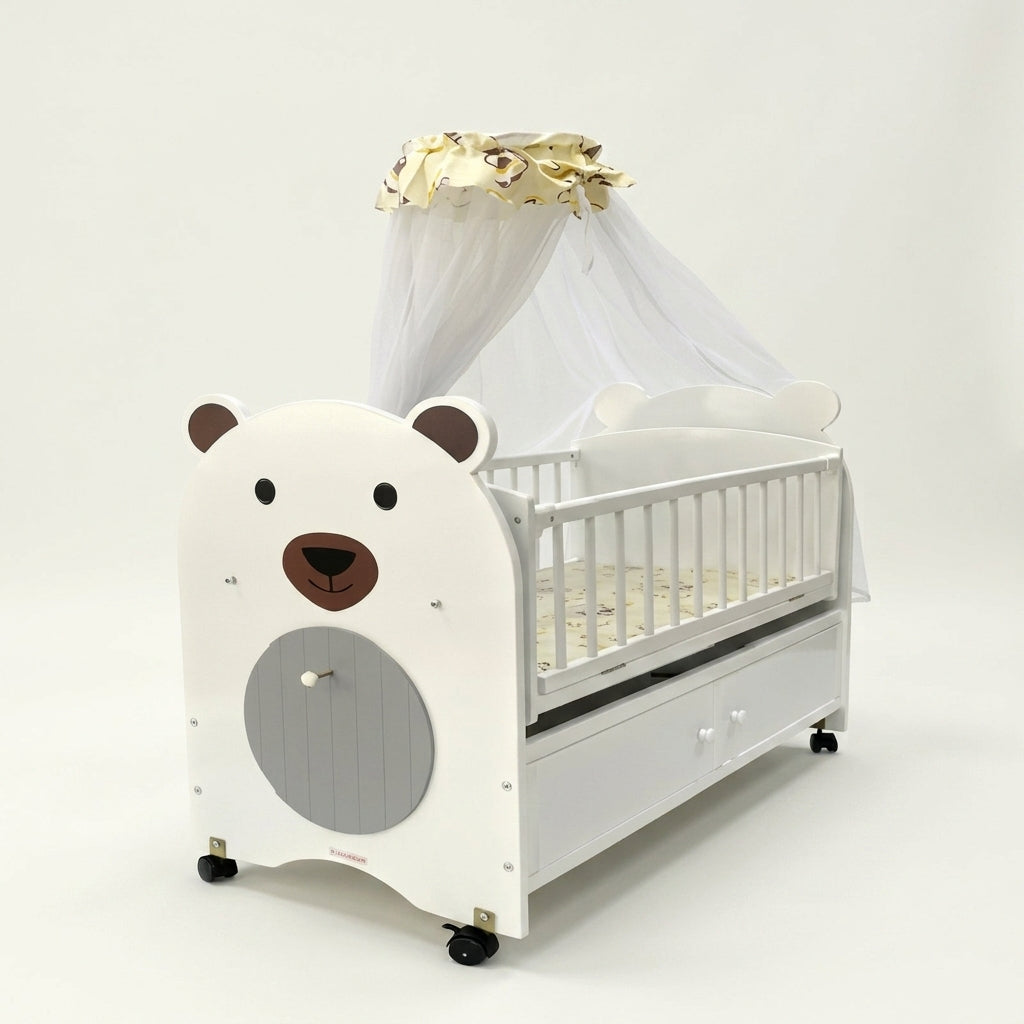 Multifunctional Wooden Baby Cot – Storage Drawer, Mosquito Net & Lockable Wheels | YSJ 560