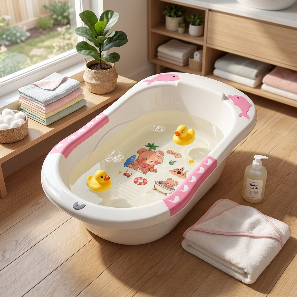 Premium Baby Bathtub – Safe, Non-Toxic & Easy Drain Design | Cute Beach Bear Print