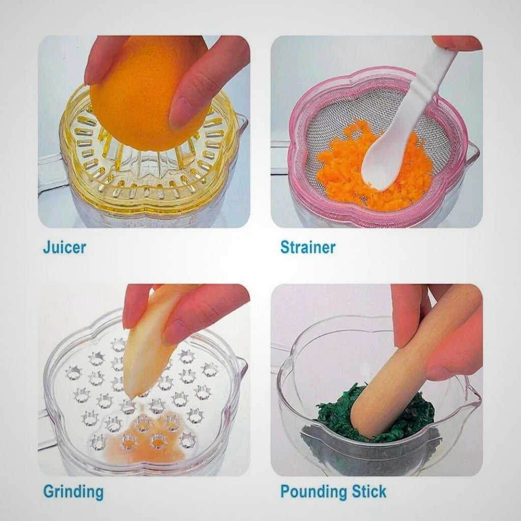 Four-step process using a juicer, strainer, grater, and pounding stick on a white background.