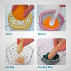 Four-step process using a juicer, strainer, grater, and pounding stick on a white background.
