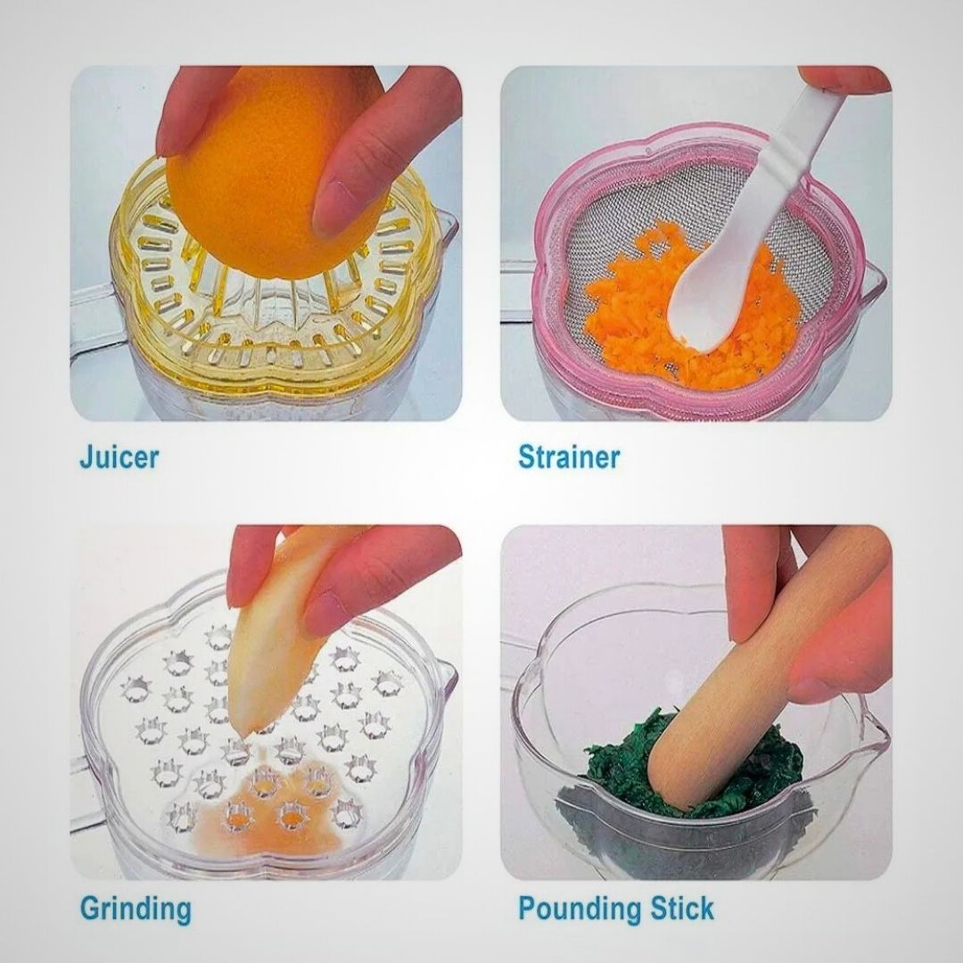 Four-step process using a juicer, strainer, grater, and pounding stick on a white background.