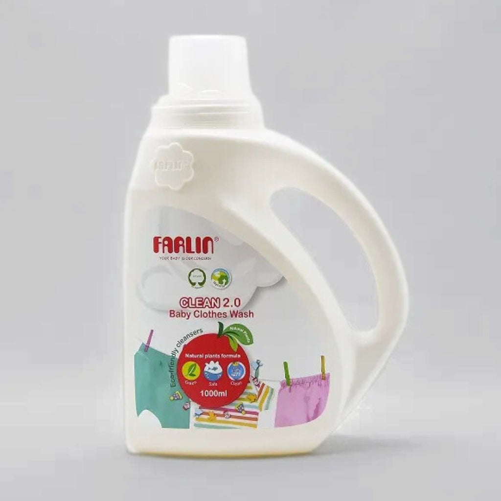 White bottle of Farlin baby clothes wash on a gray background