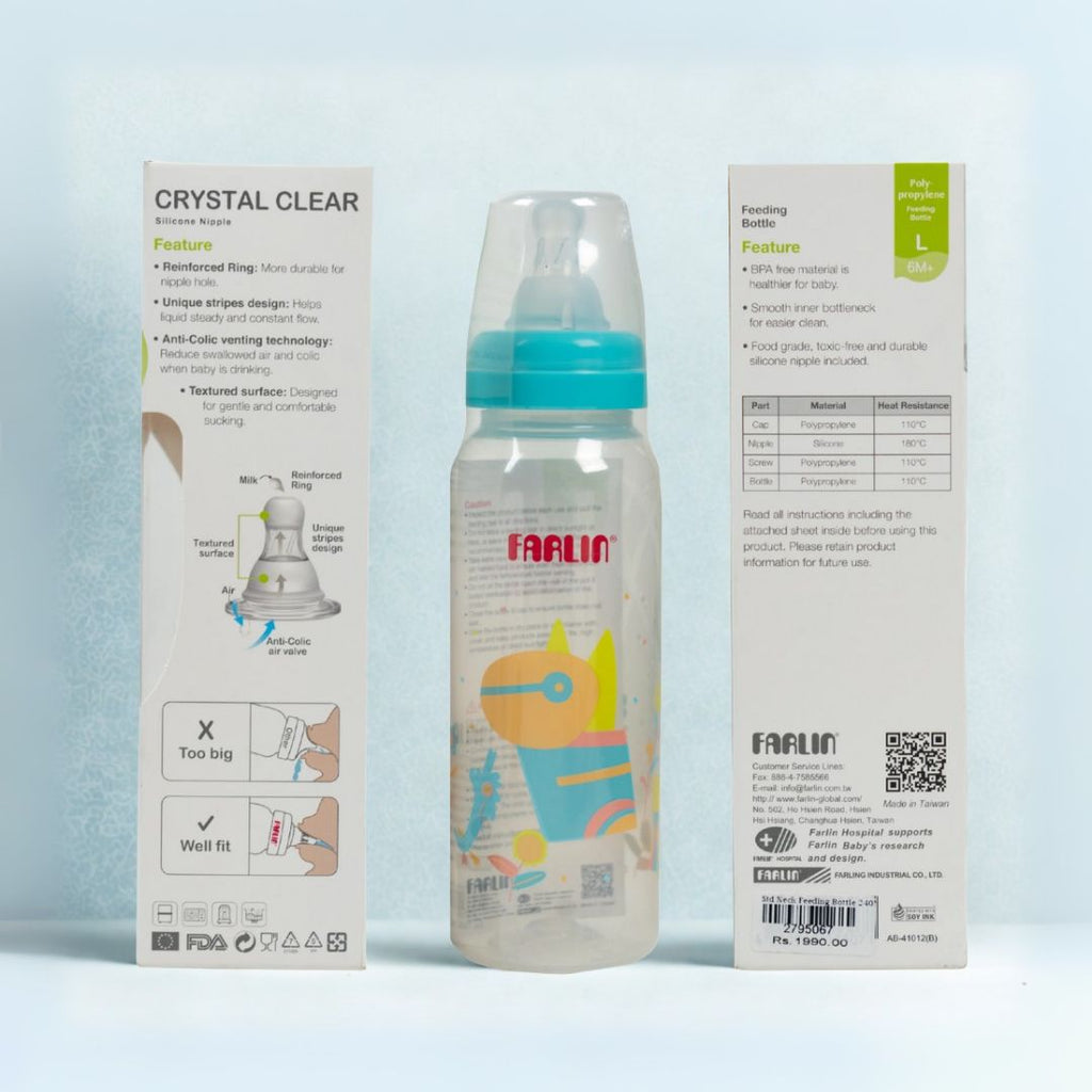 Bottle with colorful design and packaging on a light blue background