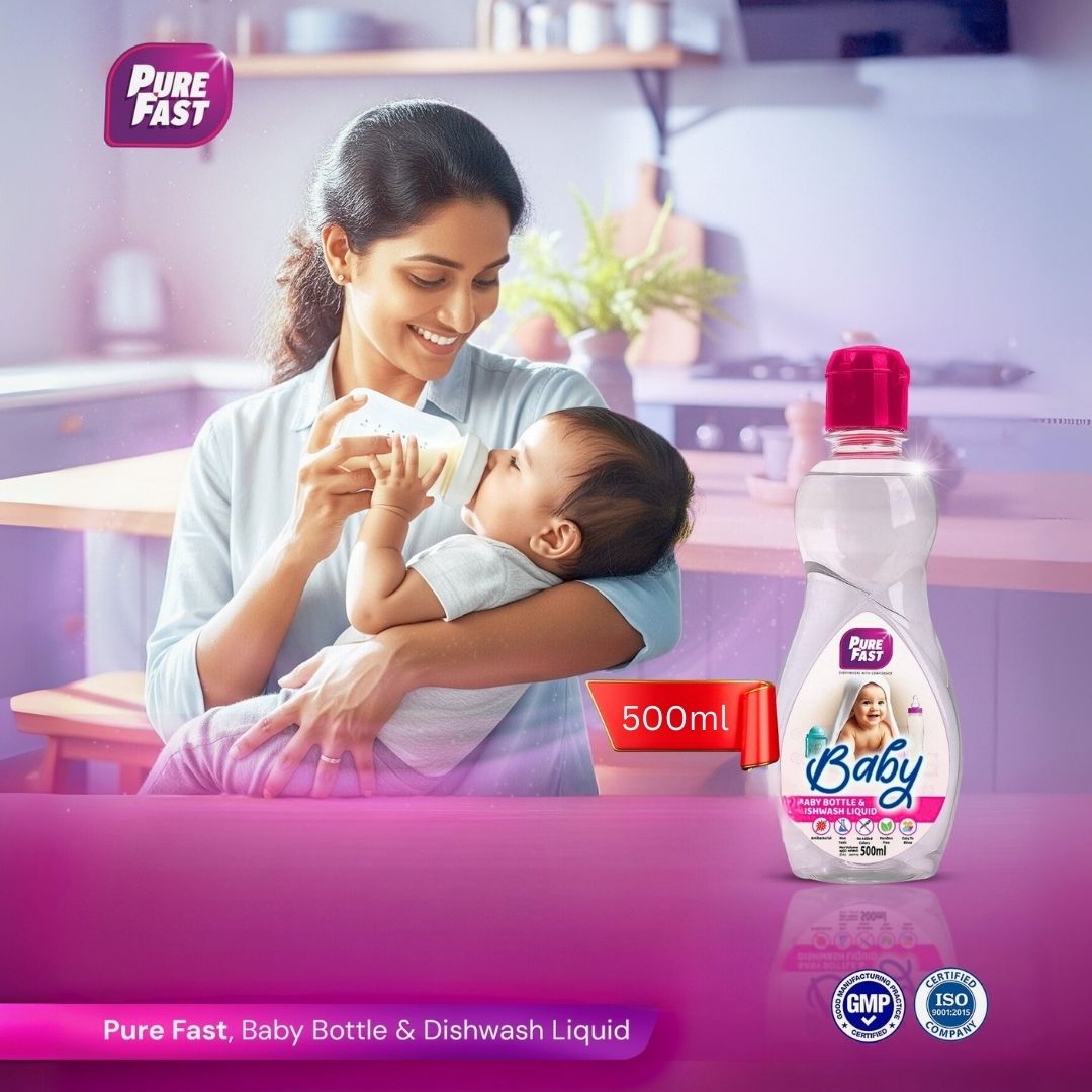 Woman holding a baby with a Pure Fast Baby bottle and dishwash liquid bottle in a kitchen setting.